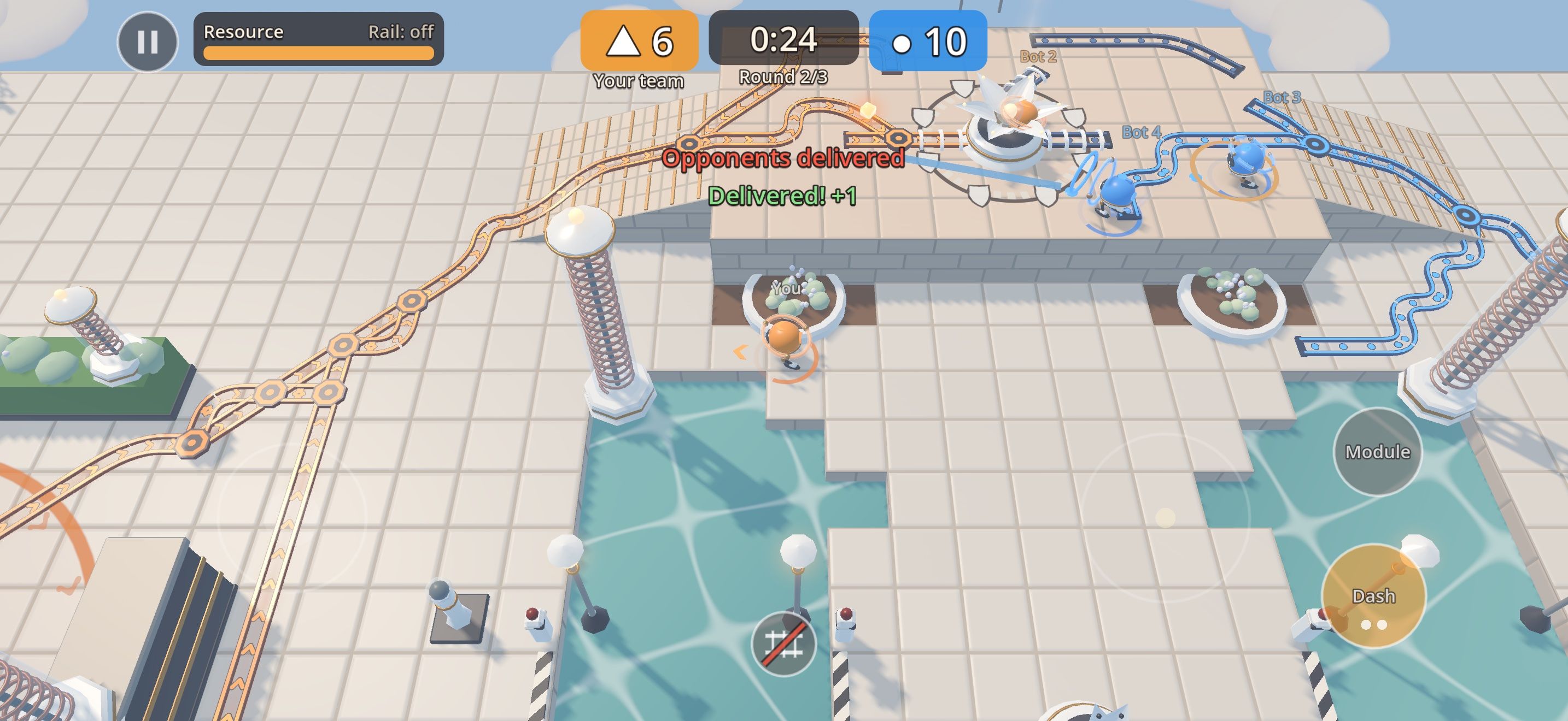In-game screenshot on Coil Garden: amber and azure rail networks meet at the receiver; the score reads 6 to 10 in round 2 of 3, with the messages “Opponents delivered” and “Delivered! +1”.