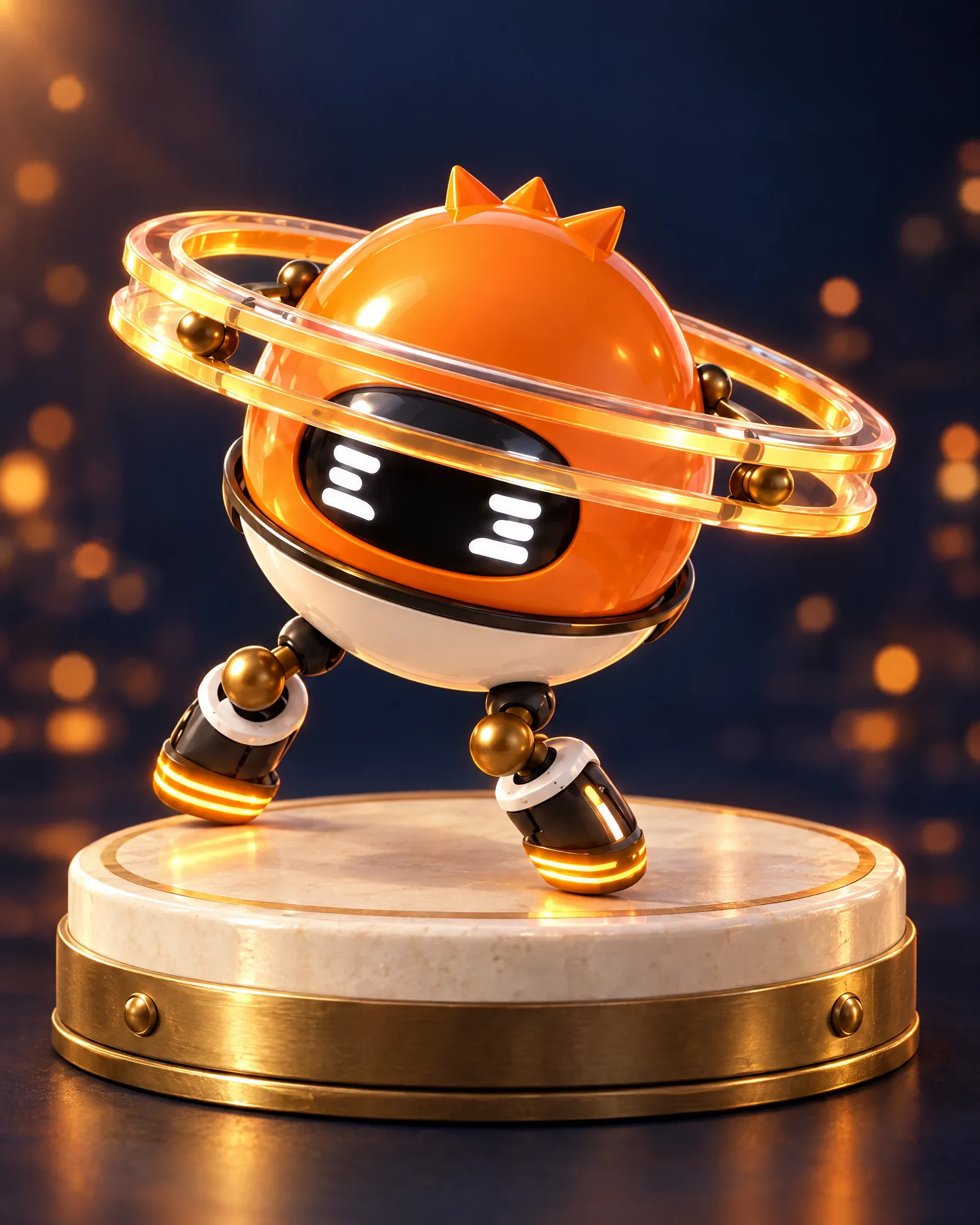 Concept art: Spark, an orange spherical robot with a glowing ring and magnetic skates, on a brass-and-ceramic pedestal.