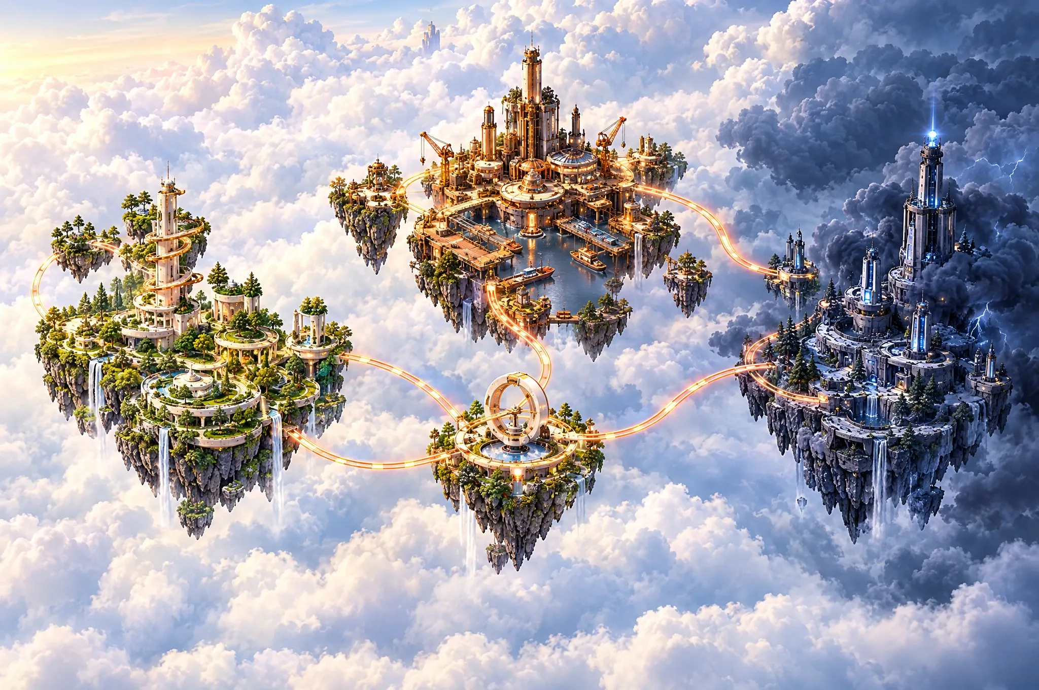 Concept art: floating islands linked by glowing rails — a garden island, a harbour town and a storm-wrapped citadel.
